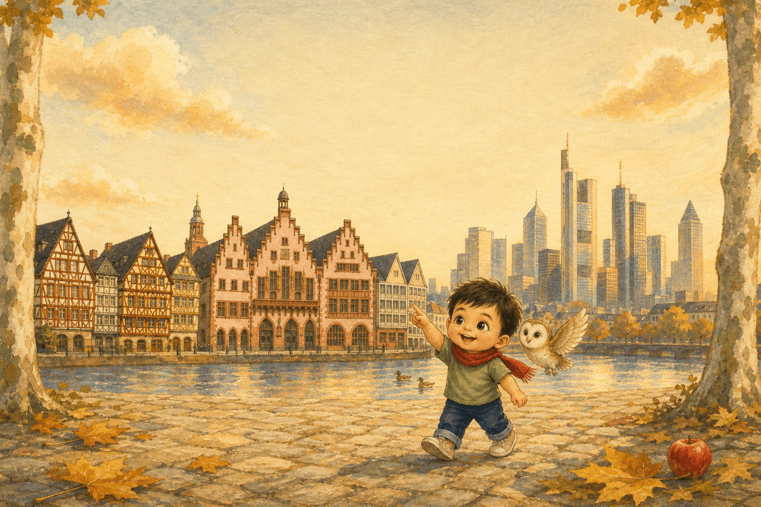 My First Frankfurt — painted morning scene by the Rhine