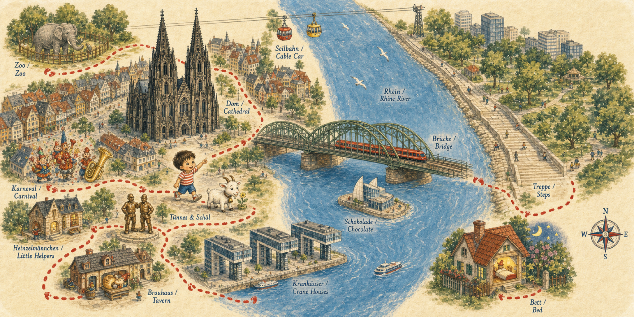 A hand-painted bird's-eye map of Cologne showing the Dom, Hohenzollernbrücke, Rhine, Zoo, Seilbahn, Schokoladenmuseum, Karneval, Heinzelmännchen, Tünnes & Schäl, Brauhaus, Kranhäuser, and bedroom — all connected by a red dotted path with the toddler and goat walking along it