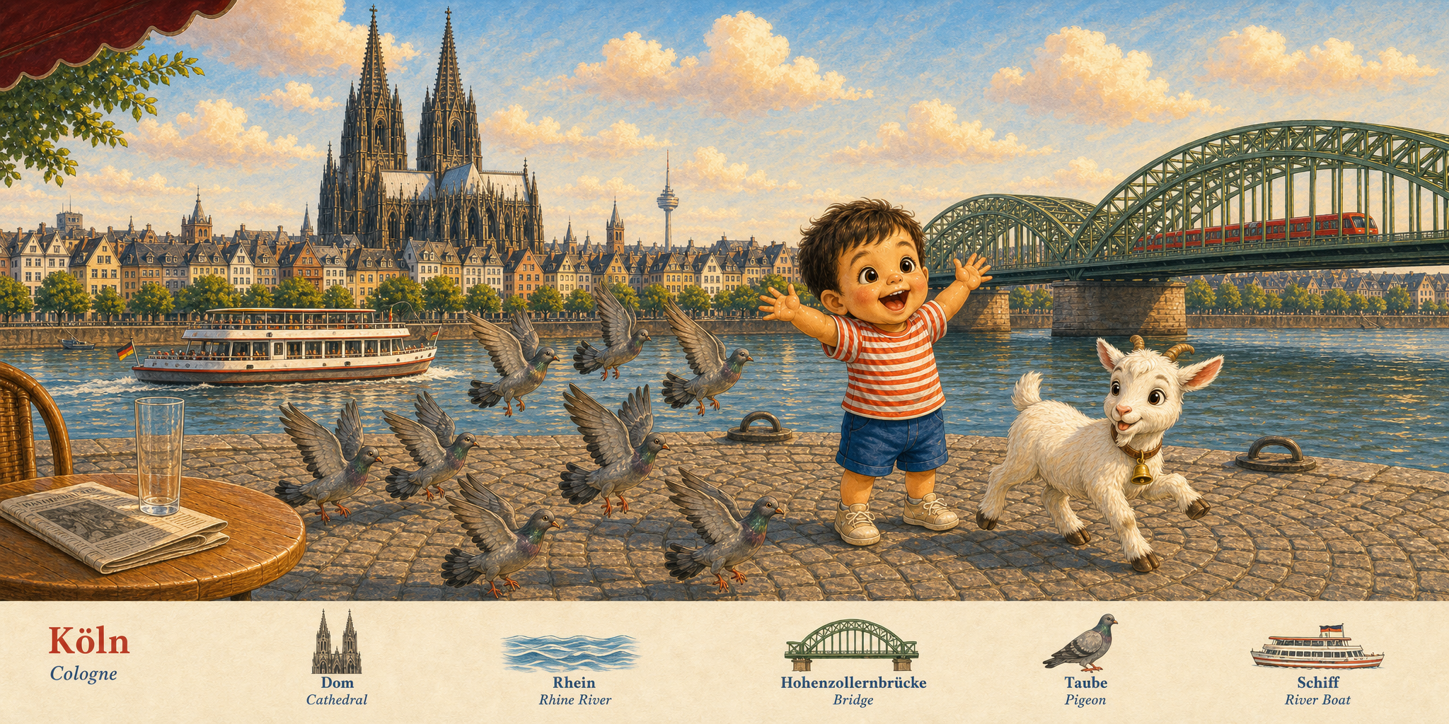A wide morning view of the Cologne skyline from the Altstadt promenade, with the Dom and the Hohenzollernbrücke