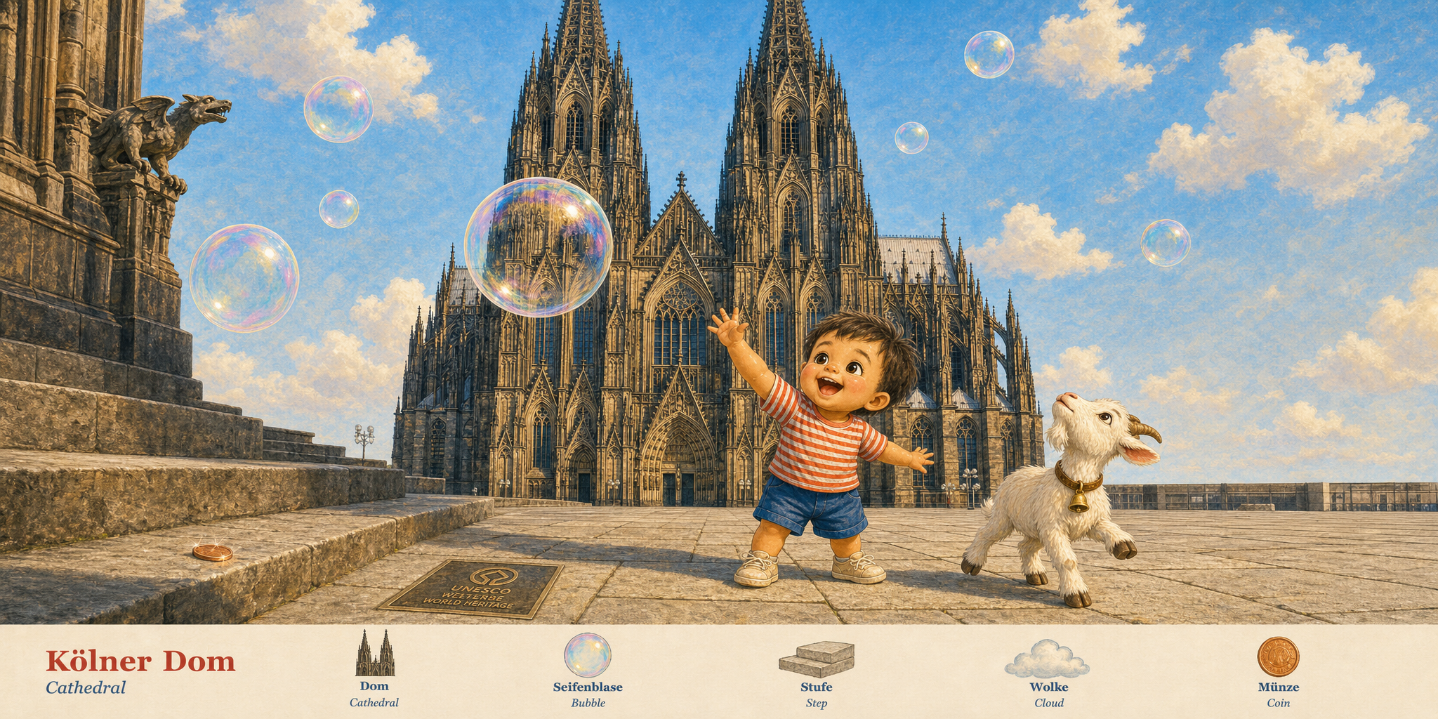 Looking across the Domplatte at the twin spires of the Kölner Dom, the toddler reaching up to pop a giant soap bubble, the goat gazing straight up