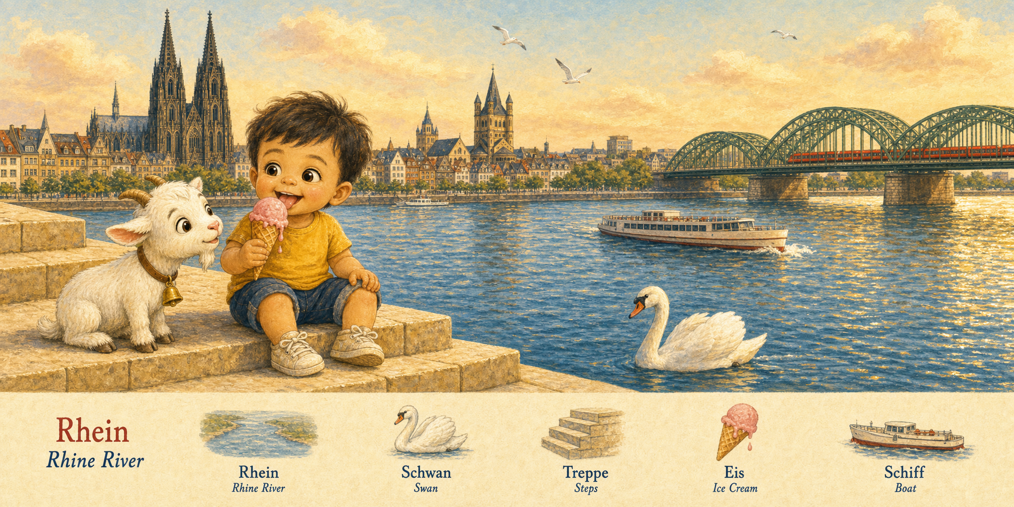 The Rheinboulevard limestone steps on the Deutz side, the toddler eating an ice cream, a swan paddling below, the Cologne skyline across the river