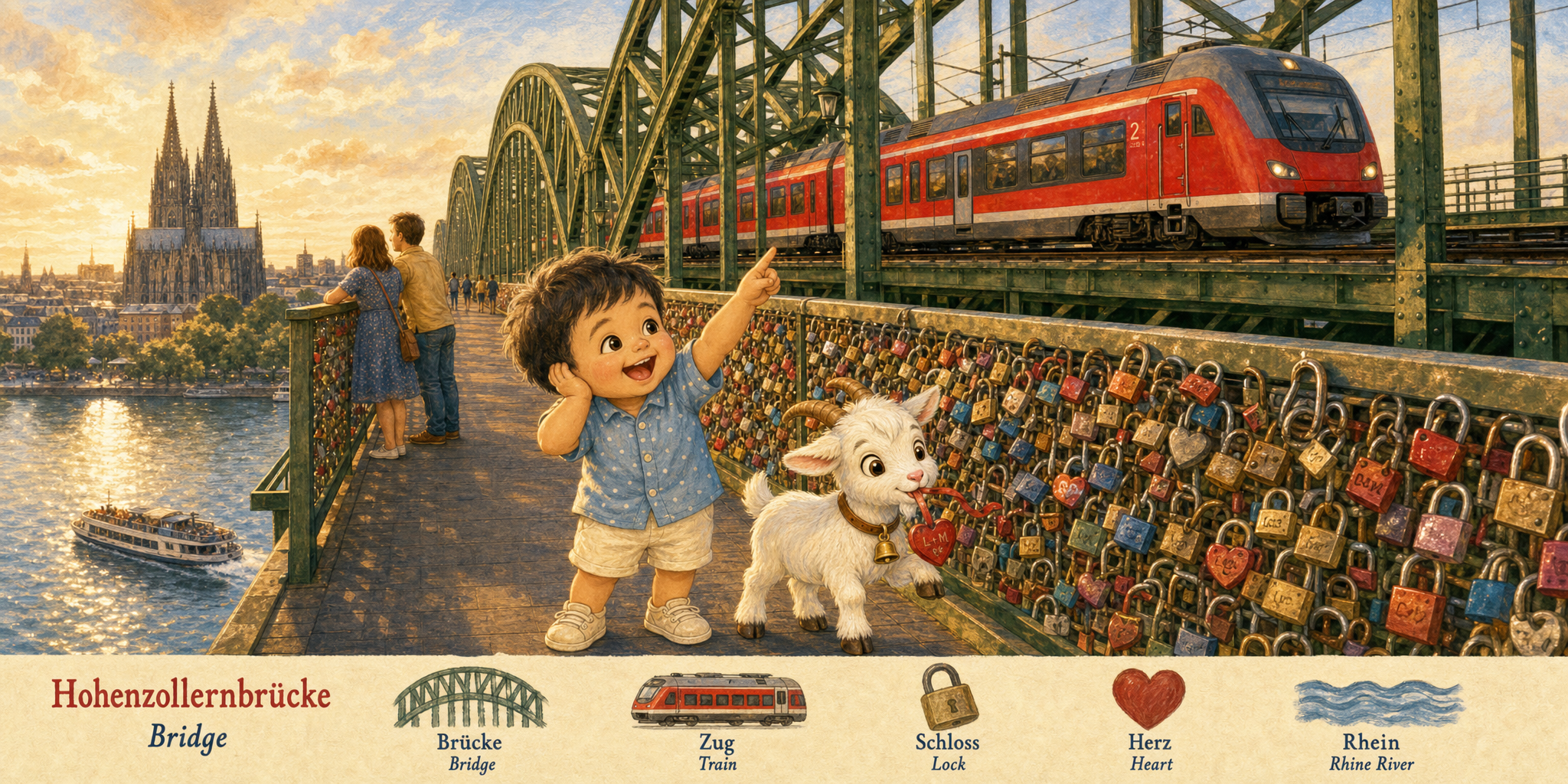 On the Hohenzollernbrücke beside the love-lock railing, a red train overhead, the toddler covering one ear, the goat nibbling a heart-shaped lock