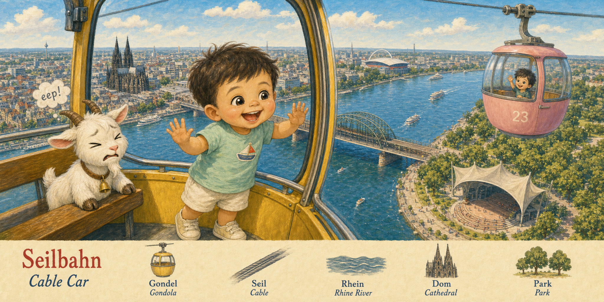 Inside a bubble cable-car cabin high above the Rhine, the toddler pressed to the window with delight, the goat clinging to the bench in fear