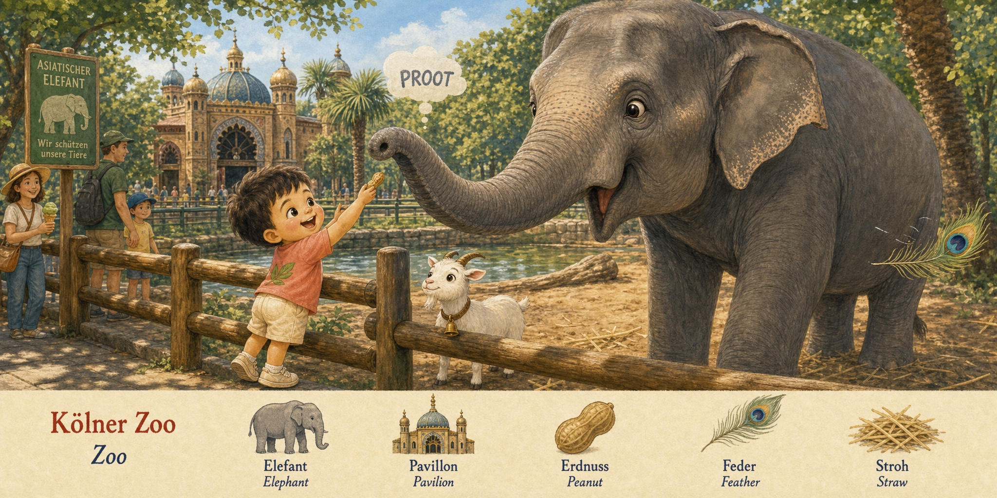 At the Kölner Zoo elephant enclosure, an elephant reaches for a peanut from a small hand, the goat standing inside the fence
