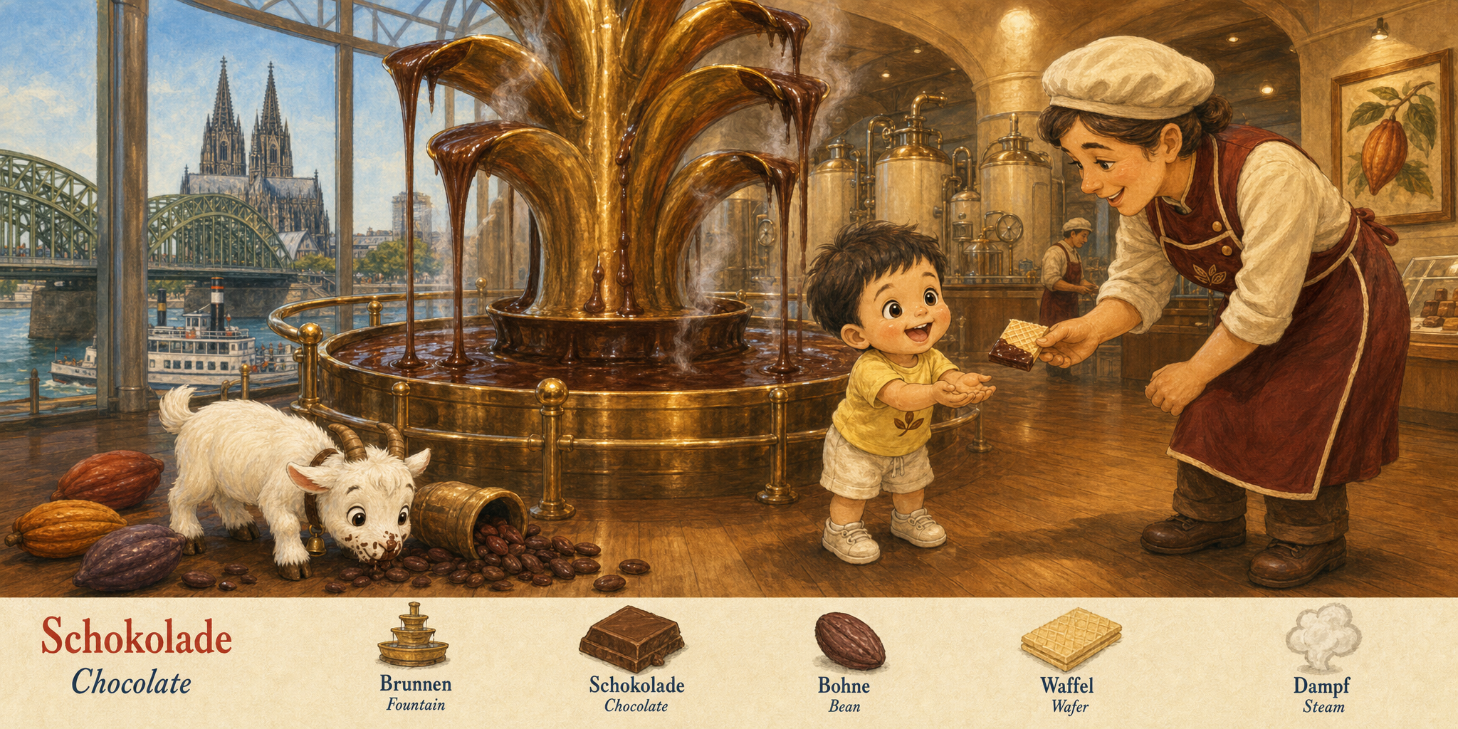 The chocolate fountain at the Schokoladenmuseum, a chocolatier offering a wafer to the toddler, the goat sniffing spilled cocoa beans