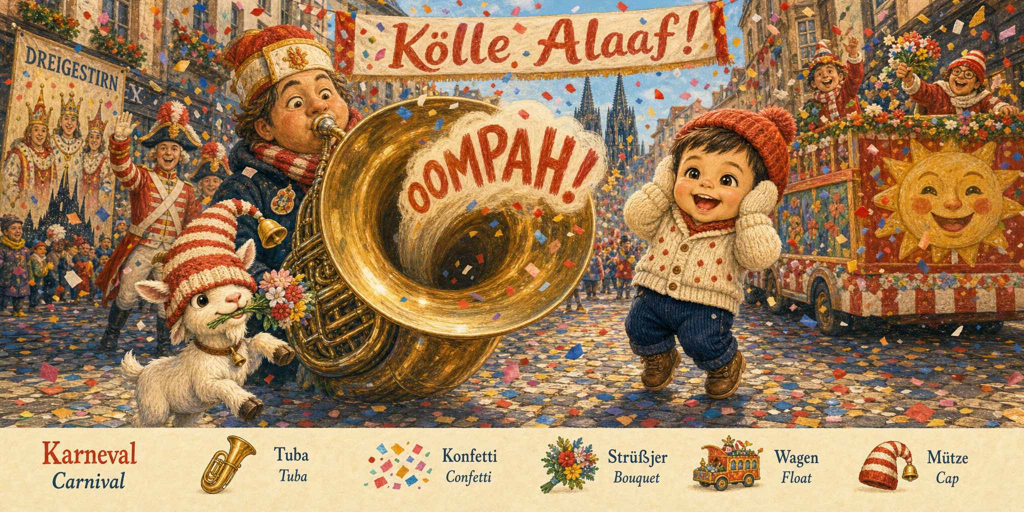 Cologne Karneval on a cobblestone street, a big brass tuba in the foreground, the toddler covering both ears with a delighted smile, the goat in a carnival cap