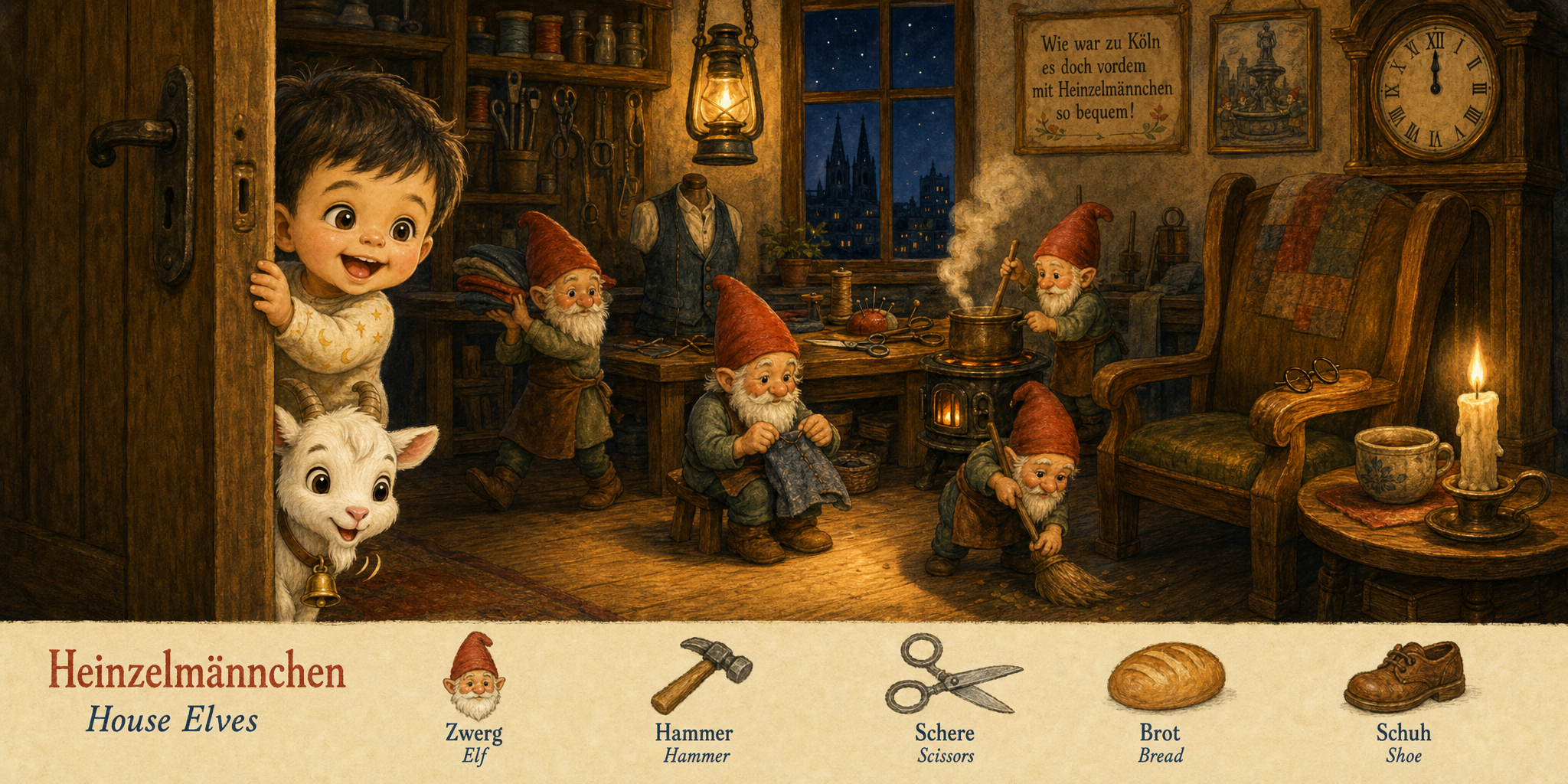 A candlelit Altstadt workshop at night, tiny red-capped Heinzelmännchen finishing the tailor's work, the toddler peeking from behind a door