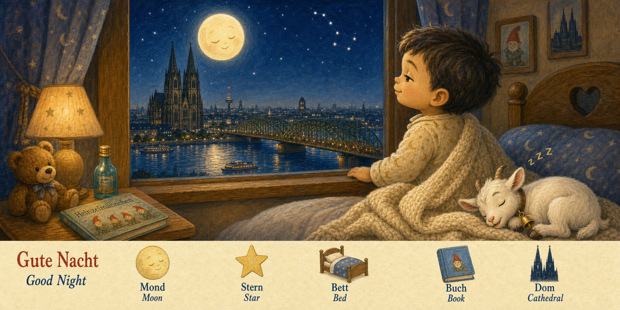 A child's bedroom at night, the moon over the silhouetted Dom and Rhine through the window, the goat curled asleep at the foot of the bed