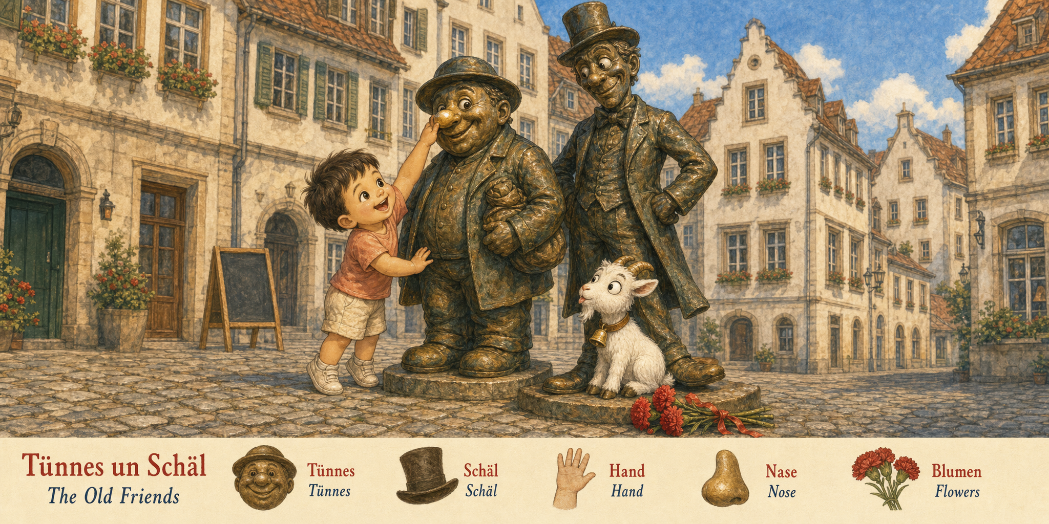 The bronze statues of Tünnes and Schäl in the Old Town, the toddler reaching up to rub Tünnes's polished nose, the goat mimicking Schäl's cross-eyed expression