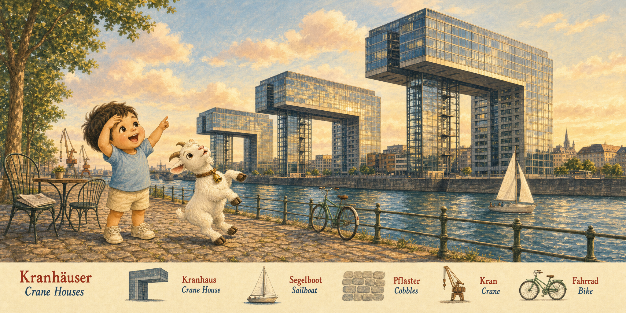 The inverted-L Kranhäuser towers along the Rheinauhafen, the toddler pointing up, the goat tipping backward to look, a small sailboat on the Rhine below
